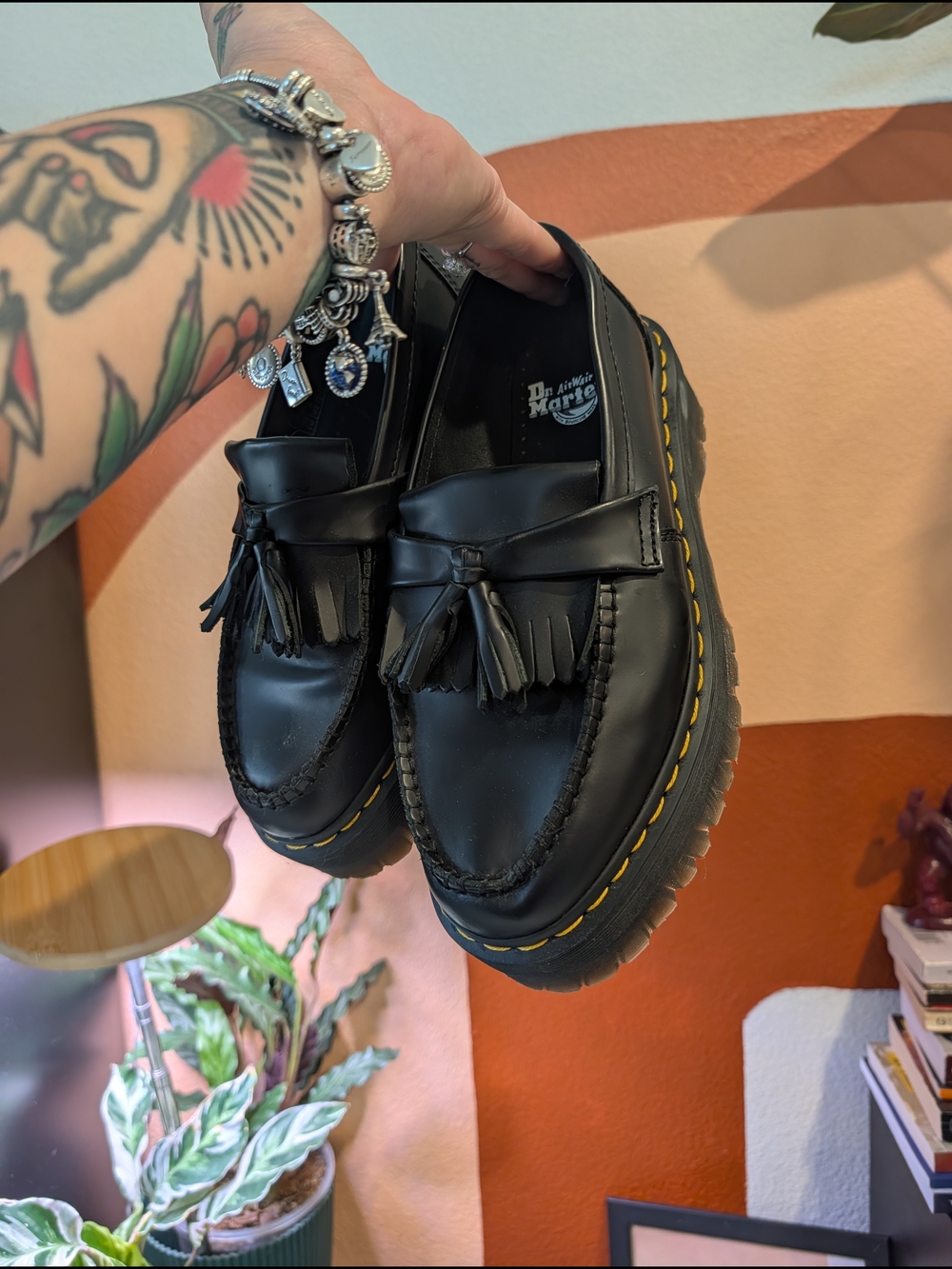 Dr. Martens Black Tassel Loafers with Yellow Stitching
